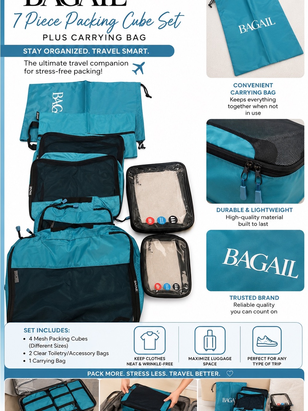 Bagail Turquoise 8Piece Travel Packing Cube Set with Carrying Bag